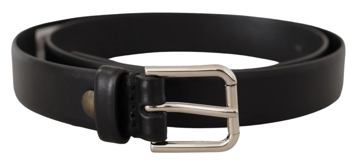 Dolce & Gabbana Black Calf Leather Silver Tone Logo Buckle Belt