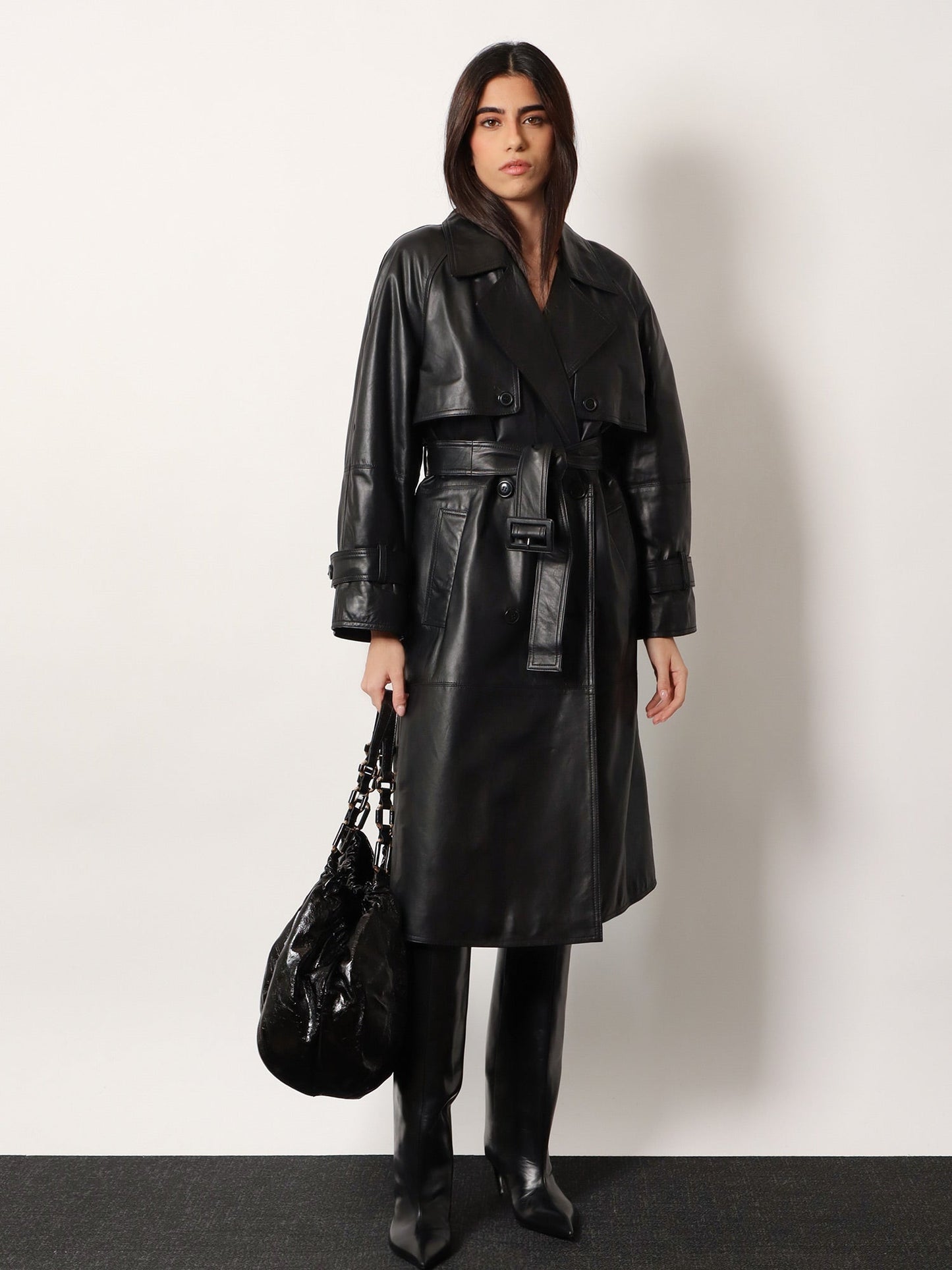 STELLA MAXWELL X MARELLA First Class leather trench with padding