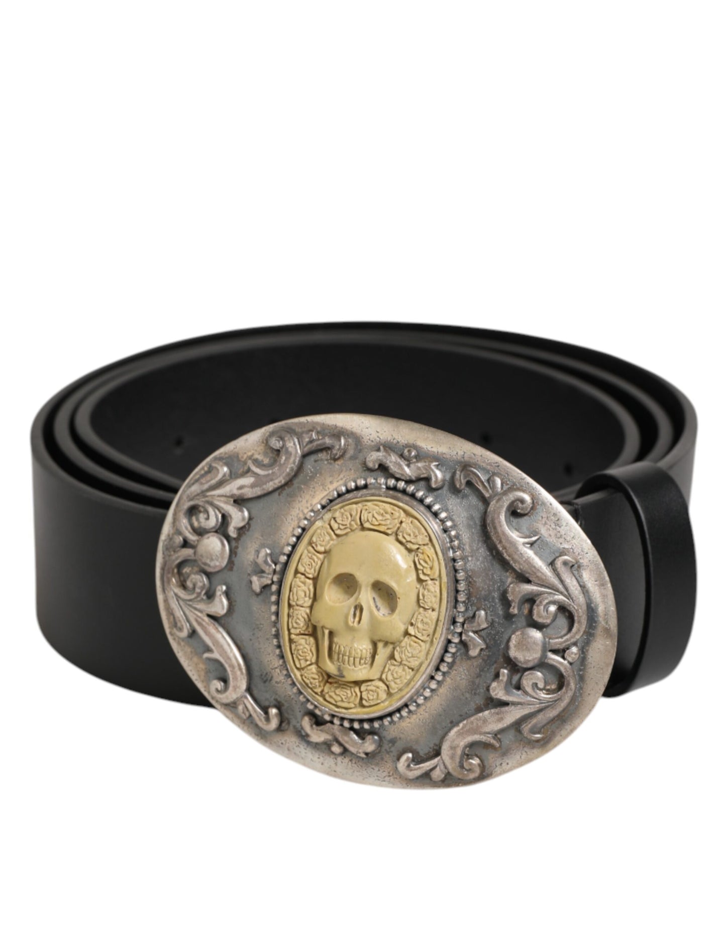 Dolce & Gabbana Black Leather Ornate Metal Buckle Men Belt