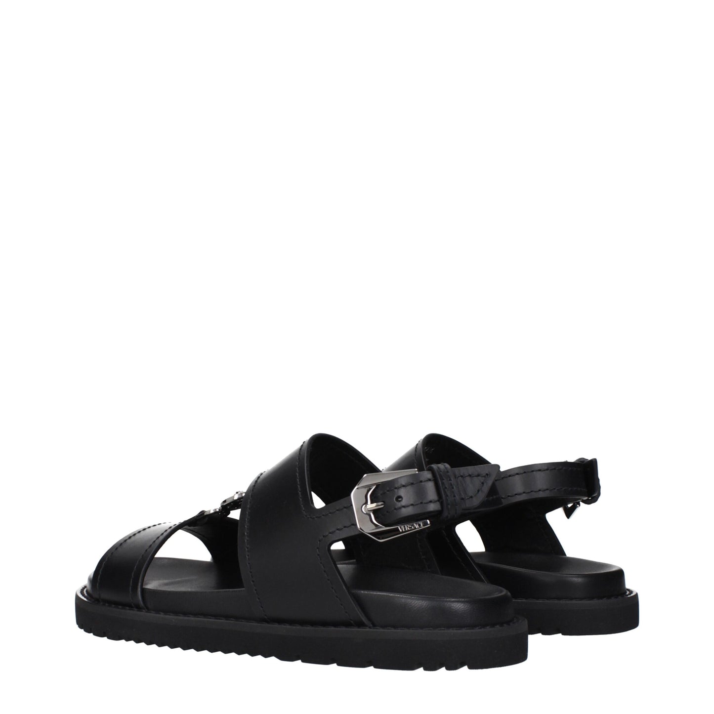 Versace Black Leather Flat Sandals