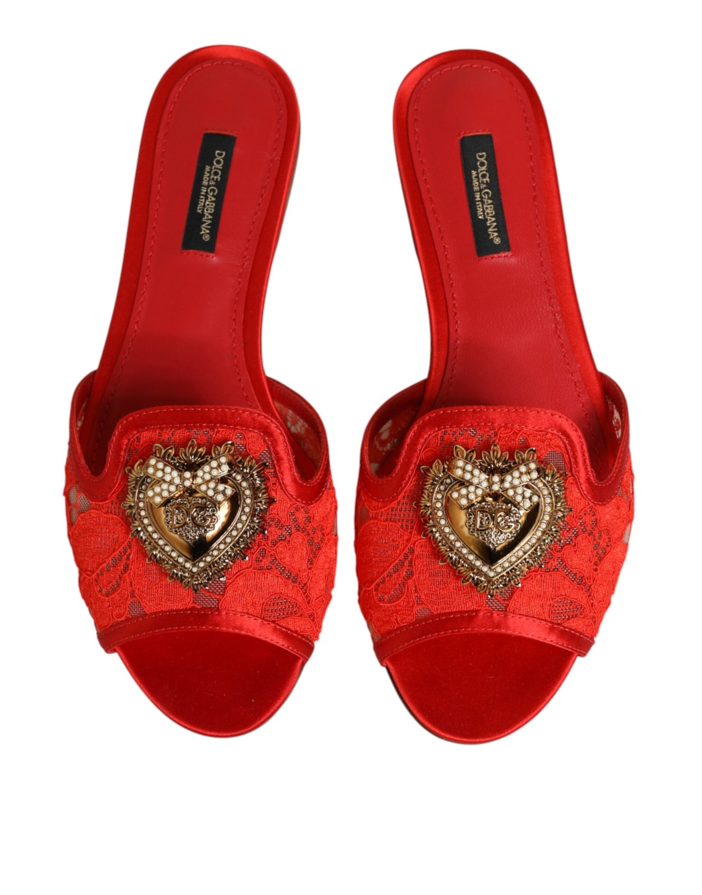 Dolce & Gabbana Red Devotion Lace Flats Slip On Sandals Shoes