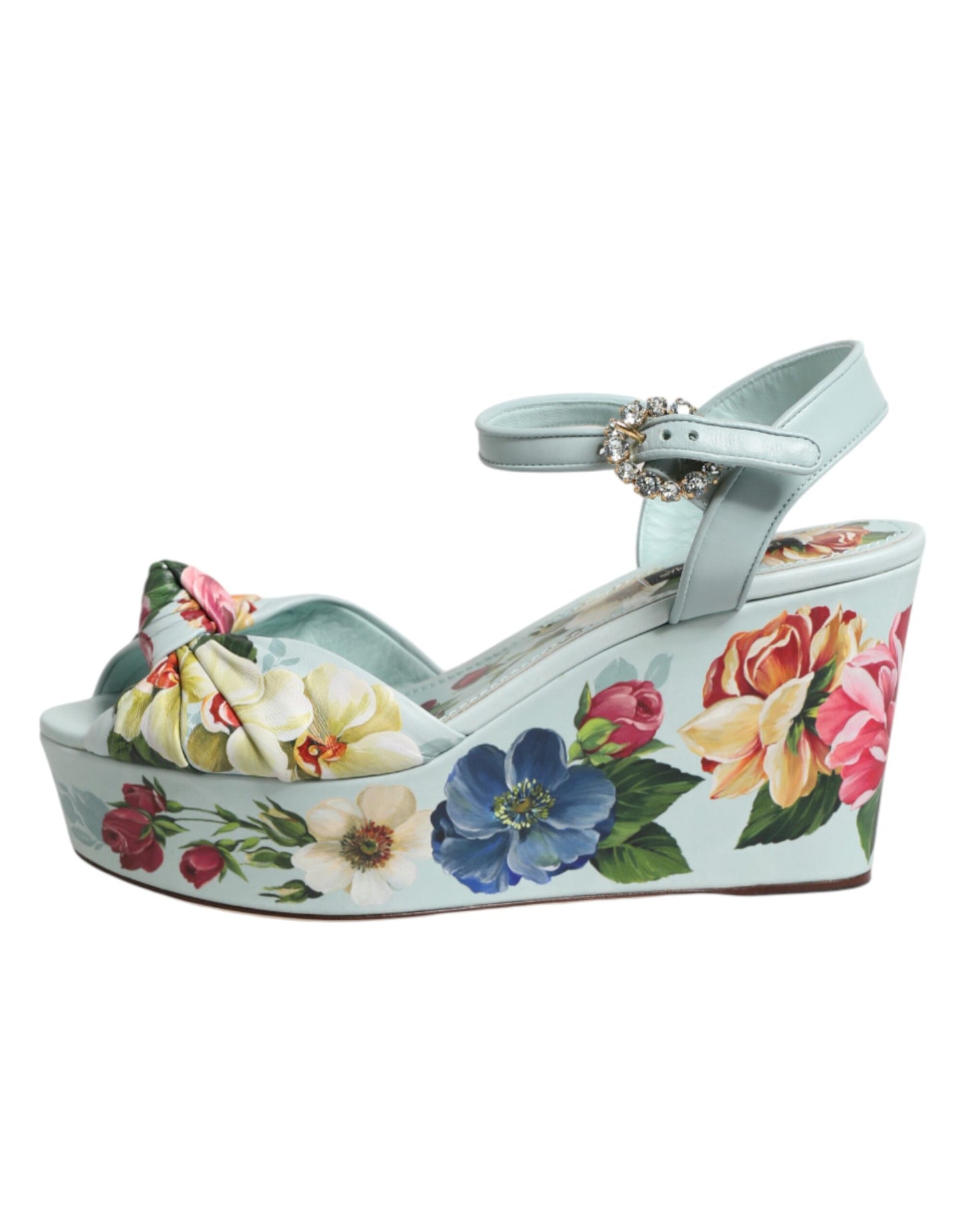 Dolce & Gabbana Green Floral Ankle Strap Wedge Sandals Shoes