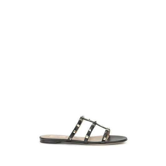 Valentino Garavani Black Calf Leather Bos Taurus Flat Sandals